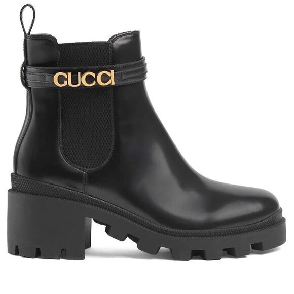 Gucci Trip Leather Logo Strap High Heel Chelsea Ankle Boots Black Gold 41 - Picture 1 of 12